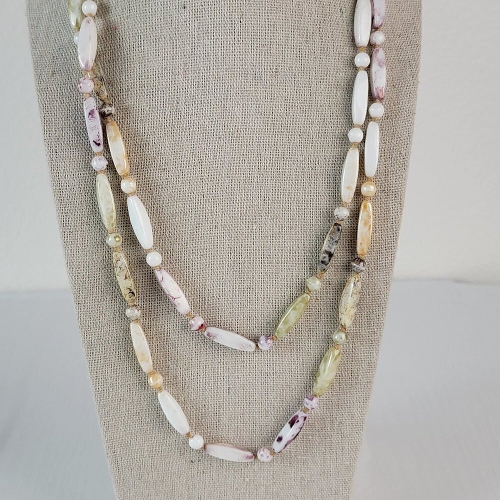 Vintage Mottled Italian Glass Knotted Bead Necklace 45 In Gold Tone Spring Ring